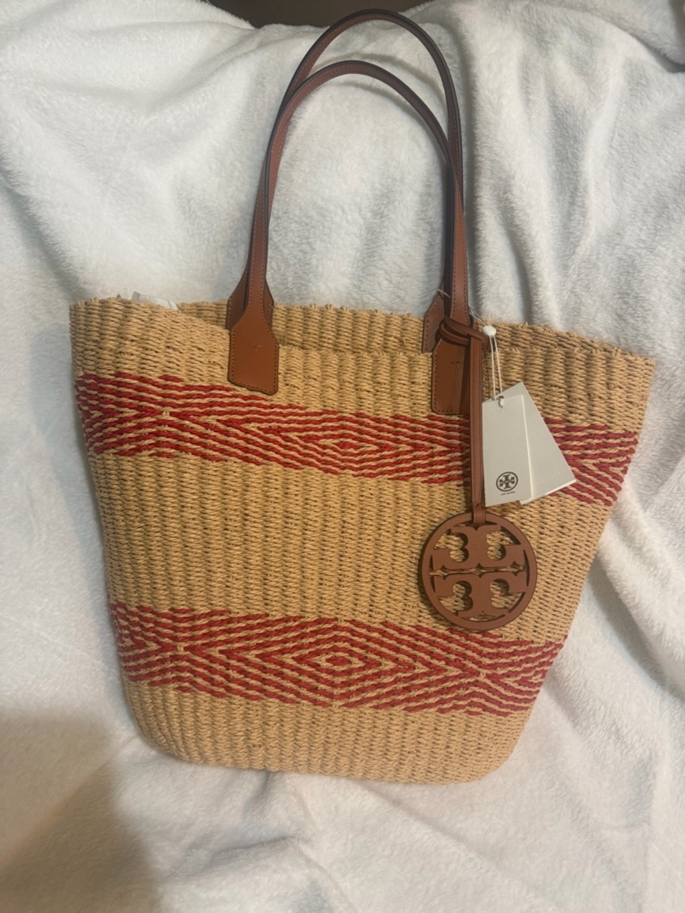 Tory Burch Straw Tote with Red Pattern and Brown Leather Handles NWT
